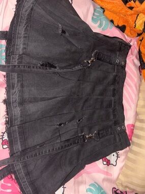 Black Distressed A-Line Mini Skirt with Strap Details - Women Jeans